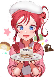 Rule 34 | 1girl, :d, blue eyes, dessert, female focus, food, hat, highres, holding, holding plate, incoming food, jyon, looking at viewer, love live!, love live! superstar!!, open mouth, plate, red hair, short hair, smile, solo, yoneme mei