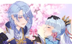 Rule 34 | 1boy, 1girl, ayaka (genshin impact), bad id, bad pixiv id, black gloves, blue eyes, blue hair, blush, box, brother and sister, cherry blossoms, closed eyes, fingerless gloves, genshin impact, gift, gift box, gloves, hair ornament, hand on another&#039;s head, highres, kamisato ayato, mole, mole under eye, mole under mouth, open mouth, petting, ponytail, ria (yfvv ria), siblings, sidelocks, smile