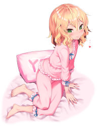 Rule 34 | ..., 10s, 1girl, arm support, barefoot, blonde hair, blush, closed mouth, curly hair, full body, green eyes, hair between eyes, heart, idolmaster, idolmaster cinderella girls, long sleeves, looking at viewer, matanonki, pajamas, pillow, pink theme, sakurai momoka, simple background, sitting, smile, solo, yes, yes-no pillow
