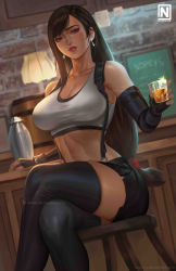 Rule 34 | 1girl, alcohol, arm guards, artist logo, artist name, bar (place), barrel, beer, black gloves, black skirt, black thighhighs, blush, breasts, brick wall, brown hair, chalkboard, cleavage, collarbone, commentary, counter, crop top, crossed legs, cup, drinking glass, dutch angle, earrings, elbow gloves, english commentary, final fantasy, final fantasy vii, fingerless gloves, glint, gloves, highres, holding, holding cup, indoors, jewelry, lamp, lampshade, large breasts, lips, long hair, looking at viewer, low-tied long hair, making-of available, midriff, miniskirt, navel, nopeys, paid reward available, patreon logo, patreon username, pencil skirt, red eyes, shirt, sitting, skirt, solo, square enix, stomach, stool, suspender skirt, suspenders, swept bangs, tank top, taut clothes, taut shirt, thighhighs, thighs, tifa lockhart, twitter username, watermark, web address, white shirt, zettai ryouiki