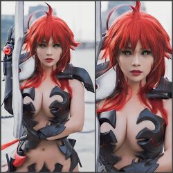 Rule 34 | 1girl, amaha masane, arm blade, armor, bikini armor, black sclera, breasts, cleavage, colored sclera, cosplay, demon girl, fantastic nami, gonzo (company), highres, image comics, looking at viewer, monster girl, photo (medium), real life, red hair, revealing clothes, top cow productions, weapon, witchblade, yellow eyes