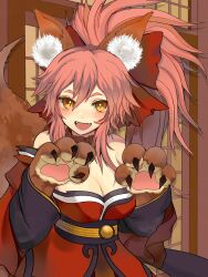 Rule 34 | 1girl, :d, animal collar, animal ear fluff, animal ears, animal hands, bare shoulders, blush, bow, breasts, cleavage, collar, commentary, detached sleeves, english commentary, eveisntthatbad, fangs, fate/grand order, fate (series), fox ears, fox girl, fox tail, gloves, hair bow, hands up, highres, japanese clothes, kimono, large breasts, looking at viewer, open mouth, paw gloves, paw pose, pink hair, red bow, red collar, red kimono, red sleeves, revision, sleeveless, sleeveless kimono, smile, solo, tail, tamamo (fate), tamamo cat (fate), tamamo cat (first ascension) (fate), upper body, yellow eyes