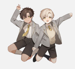 Rule 34 | 2boys, ag (ag nkfg), black shorts, black socks, blonde hair, blush, brown hair, child, closed mouth, collared shirt, grey background, grey jacket, hair between eyes, highres, jacket, kneehighs, long sleeves, looking at viewer, male focus, multiple boys, necktie, open clothes, open jacket, open mouth, orange eyes, original, shirt, shorts, simple background, socks, sweater vest, tan, white shirt, white socks, yellow necktie