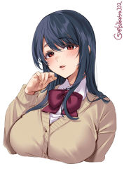 Rule 34 | 1girl, blue hair, blush, bow, bowtie, breasts, collared shirt, commentary request, ebifurya, fusou (kancolle), highres, kantai collection, large breasts, long hair, long sleeves, looking at viewer, parted lips, red eyes, ribbon, shirt, solo, sweater, twitter username, upper body, white background