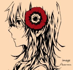 Rule 34 | 1girl, album cover, commentary request, cover, crimsonseed, english text, flower, hair flower, hair ornament, original, portrait, profile, red flower, solo, spot color, text focus