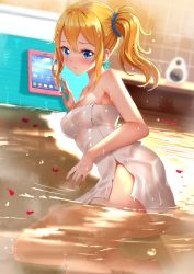 Rule 34 | 1girl, bare arms, bare shoulders, barefoot, bath, blonde hair, blue eyes, blue scarf, blurry, blurry background, blush, breasts, commentary request, depth of field, hair between eyes, hair ornament, hair scrunchie, hayasaka ai, highres, indoors, kaguya-sama wa kokurasetai ~tensai-tachi no renai zunousen~, long hair, looking at viewer, looking to the side, medium breasts, naked towel, parted bangs, partially submerged, petals, petals on liquid, scarf, scrunchie, side ponytail, solo, speaker, swordsouls, tablet pc, tile wall, tiles, towel, water
