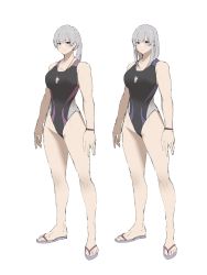 1girl breasts closed_mouth commentary competition_swimsuit flip-flops full_body grey_hair highres large_breasts long_hair looking_at_viewer one-piece_swimsuit original pen_guin15 ponytail sandals smile solo standing swimsuit whistle whistle_around_neck wristband