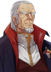 Rule 34 | 1boy, artist request, beard, black coat, closed mouth, coat, facial hair, frown, gem, grey eyes, grey hair, gundam, high collar, highres, jacket, jamitov hymen, looking at viewer, male focus, manly, mature male, medium hair, mustache, old, old man, red vest, serious, shirt, simple background, solo, thick eyebrows, upper body, v-shaped eyebrows, vest, white background, white shirt, wrinkled skin, zeta gundam