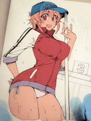 Rule 34 | 1girl, baseball cap, blush, breasts, curvy, covered erect nipples, hat, highres, huge breasts, jacket, kusanagi tonbo, looking at viewer, no pants, open mouth, original, panties, photo (medium), pink hair, red eyes, short hair, smile, solo, thick thighs, thighs, underwear, wide hips