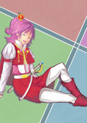 Rule 34 | 1girl, :d, ^ ^, absurdres, aida mana, cape, closed eyes, crown, cure m, dokidoki! precure, closed eyes, half updo, highres, mini crown, open mouth, pantyhose, pink hair, precure, prince, short hair, sitting, smile, solo, sword, weapon