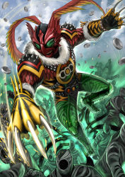 Rule 34 | 1boy, absurdres, animal hands, animal print, another ooo (zi-o), another rider (zi-o), armor, army, arthropod limbs, belt, bird, bird wings, blue sky, bug, claws, clenched hand, clenched teeth, core medal, creature, evil, feathered wings, feathers, fighting stance, flying, fur trim, grasshopper, green armor, green eyes, green footwear, hawk, head wings, helmet, highres, insect, jungle, kamen rider, kamen rider zi-o (series), medal, monster, nature, shinpei (shimpay), sky, studded belt, teeth, tiger, tiger print, wings, yellow armor, yummy (ooo)