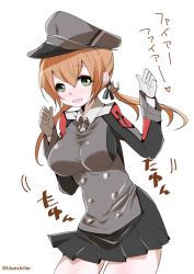 Rule 34 | 10s, 1girl, :d, anchor hair ornament, blush, breasts, brown hair, doku denpa (blue killer), gloves, green eyes, hair ornament, hat, kantai collection, large breasts, long hair, looking at viewer, open mouth, peaked cap, pleated skirt, prinz eugen (kancolle), skirt, smile, solo, standing, tongue, translation request, twintails
