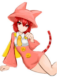 Rule 34 | 1girl, animal hat, bad id, bad pixiv id, bare legs, cat hat, cat tail, flat chest, hat, highres, light smile, long sleeves, looking at viewer, neenya (sennen sensou aigis), paw pose, red eyes, red hair, sennen sensou aigis, short hair, simple background, solo, tail, white background