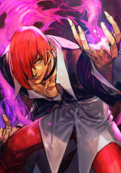 Rule 34 | 1boy, bent over, black shirt, collar, collared shirt, evil smile, fire, hair over one eye, hungry clicker, pants, purple fire, pyrokinesis, red eyes, red hair, red pants, shirt, short hair, smile, snk, solo, the king of fighters, yagami iori