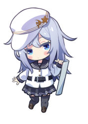 Rule 34 | 1girl, black footwear, black sailor collar, black skirt, black thighhighs, blue eyes, blush, closed mouth, full body, grey hair, hammer and sickle, hat, hat ornament, hibiki (kancolle), kantai collection, long hair, long sleeves, pleated skirt, sailor collar, sanninme no haru, shoes, simple background, skirt, solo, star (symbol), star hat ornament, thighhighs, verniy (kancolle), white background, white hat