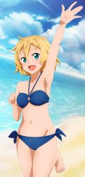 Rule 34 | 1girl, absurdres, arm up, armpits, bare arms, bare shoulders, barefoot, beach, bikini, blonde hair, blue bikini, blue eyes, blue sky, blush, cloud, commentary, day, derivative work, highres, huge filesize, looking at viewer, ocean, open mouth, philia (sao), short hair, shugo19, sky, solo, swimsuit, sword art online