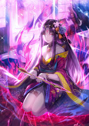 Rule 34 | 1girl, arrow (projectile), bare shoulders, bible bullet, black hair, blue eyes, breasts, clare (543), cleavage, detached collar, facial mark, flower, forehead mark, hair flower, hair ornament, headdress, highres, indoors, japanese clothes, kimono, kneeling, long hair, looking at viewer, off shoulder, solo, tattoo, thighlet, weapon