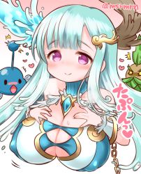 Rule 34 | 1girl, ars paulina (p&amp;d), asymmetrical horns, bad id, bad pixiv id, bare shoulders, blue hair, blunt bangs, blush, breasts, chain, cleavage, covered erect nipples, creature, detached collar, gem, hair ornament, hairclip, hands on breasts, heart, horns, huge breasts, long hair, looking at viewer, mashiro miru, mismatched horns, parted bangs, purple eyes, puzzle &amp; dragons, smile, solo, twitter username, wristband