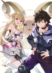 Rule 34 | 1boy, 1girl, armor, armored dress, bare shoulders, belt collar, blonde hair, blush, brown hair, closed eyes, collar, collarbone, cover, cover page, detached sleeves, gaou (umaiyo puyoman), hair between eyes, hands on own hips, highres, long hair, looking at viewer, navel, open mouth, original, pants, purple eyes, sheep, short hair, simple background, smile, white background