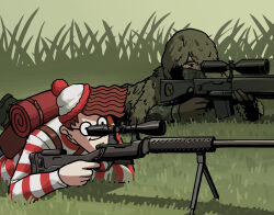 Rule 34 | 2boys, aiming, backpack, bag, brown hair, camouflage, commentary, english commentary, facepaint, glasses, gloves, grass, gun, hat, highres, korean commentary, looking at viewer, lying, male focus, mask, mixed-language commentary, multiple boys, on stomach, original, outdoors, pom pom (clothes), rifle, round eyewear, smile, sniper rifle, striped clothes, striped sweater, sweater, tall grass, two-tone headwear, two-tone sweater, wally (where&#039;s wally), wavy hair, weapon, weapon request, where&#039;s wally, woodland camouflage, yaritoo