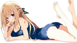 Rule 34 | 1girl, blonde hair, blue eyes, blush, breasts, cleavage, collarbone, iwashi dorobou -r-, large breasts, long hair, looking at viewer, lying, neptune (series), on stomach, one-piece swimsuit, school swimsuit, smile, solo, swimsuit, the pose, vert (neptunia), very long hair