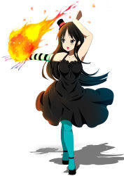 Rule 34 | 1girl, akiyama mio, aqua pantyhose, arms up, black hair, blunt bangs, don&#039;t say &quot;lazy&quot;, dress, fire, gloves, hat, k-on!, long hair, mini hat, mini top hat, official style, open mouth, outstretched arm, pantyhose, ragho no erika, solo, striped, top hat