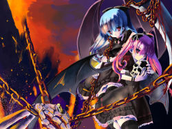 Rule 34 | 2girls, blood, blue hair, chain, goth fashion, gothic lolita, lolita fashion, multiple girls, original, pink eyes, pink hair, quea;re, red eyes, scythe, skull, twintails, weapon, wings