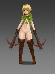 Rule 34 | 1girl, artist name, blonde hair, blue eyes, boots, bow (weapon), braid, crossbow, highres, hyrule warriors, linkle, lips, looking at viewer, navel, nintendo, pointy ears, pussy, simple background, solo, the legend of zelda, tongue, tongue out, tony losoya, twin braids, weapon