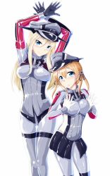 Rule 34 | 10s, 2girls, adapted costume, anchor hair ornament, arms up, bismarck (kancolle), blonde hair, blue eyes, bodysuit, corset, covered erect nipples, gloves, hair ornament, hands on own chest, hat, highres, kantai collection, latex, latex bodysuit, latex gloves, latex suit, long hair, multiple girls, orange hair, peaked cap, prinz eugen (kancolle), shiny clothes, skin tight, skirt, smile, tamakko, twintails, white background