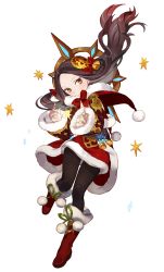 Rule 34 | 1girl, alternate costume, black hair, black pantyhose, boots, christmas, dress, frown, full body, green eyes, gwayo, highres, irelia, league of legends, long hair, long sleeves, pantyhose, pom pom (clothes), red dress, solo, white background