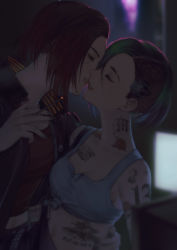Rule 34 | 2girls, absurdres, breasts, cigarette, closed eyes, cyberpunk, cyberpunk (series), cyberpunk 2077, cyborg, english text, green hair, highres, holding, holding cigarette, imminent kiss, jacket, judy alvarez, mechanical parts, multiple girls, red hair, short hair, small breasts, tattoo, v (cyberpunk), yorukun, yuri