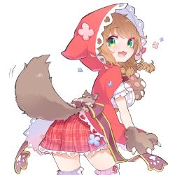 Rule 34 | 13o, 1girl, :3, :d, animal ears, animal hands, animal hood, bad id, bad pixiv id, blue flower, blush, bow, braid, breasts, brown bow, brown gloves, brown hair, cape, center frills, fake animal ears, flower, frilled thighhighs, frills, gloves, green eyes, hair between eyes, highres, hood, hood up, hooded cape, large breasts, long hair, looking at viewer, looking back, nijisanji, open mouth, paw gloves, plaid, plaid skirt, pleated skirt, red cape, red flower, red skirt, shirt, simple background, skirt, smile, solo, tail, tail raised, thighhighs, twin braids, virtual youtuber, warabeda meiji, warabeda meiji (1st costume), warabeda meijii, white background, white shirt, white thighhighs, wolf tail