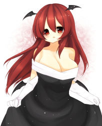 Rule 34 | 1girl, :o, a-iueo, alternate costume, bare shoulders, bat wings, black dress, blush, breasts, cleavage, clothes lift, dress, dress lift, elbow gloves, eyelashes, gloves, head wings, highres, koakuma, large breasts, light particles, long hair, looking at viewer, low wings, mini wings, red eyes, red hair, simple background, sleeveless, solo, touhou, white gloves, wings