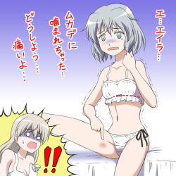 Rule 34 | !, !!, 2girls, blue background, blue eyes, blush, bra, breasts, bug bite, collarbone, eila ilmatar juutilainen, gradient background, grey hair, groin, hiro yoshinaka, long hair, looking at viewer, multiple girls, navel, open mouth, panties, sanya v. litvyak, scared, short hair, side-tie panties, simple background, sitting, small breasts, spread legs, strike witches, tears, translation request, trembling, underwear, underwear only, wavy mouth, white bra, white panties, world witches series