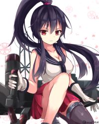 Rule 34 | 10s, 1girl, bad id, bad pixiv id, black hair, breasts, gloves, kantai collection, large breasts, long hair, machinery, midriff, miniskirt, personification, ponytail, red eyes, rin yuu, school uniform, serafuku, single thighhigh, skirt, solo, thighhighs, white gloves, yahagi (kancolle)