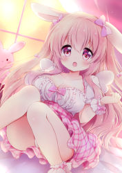 Rule 34 | 1girl, animal ears, ass, bow, breasts, rabbit ears, chiika (cure cherish), cleavage, frilled cuffs, hair bow, highres, large breasts, long hair, looking at viewer, open mouth, original, panties, pantyshot, pink bow, pink eyes, pink hair, plaid, plaid skirt, puffy short sleeves, puffy sleeves, short sleeves, sitting, skirt, solo, two side up, underwear, window