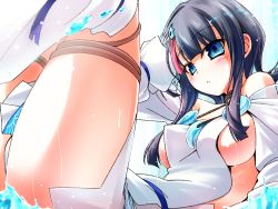 Rule 34 | 1girl, arm behind head, bare shoulders, black hair, blue eyes, blue ribbon, blush, breasts, closed mouth, detached leggings, dress, fate/grand order, fate/requiem, fate (series), fundoshi, hisame genta, japanese clothes, jewelry, knees up, large breasts, leaning back, long sleeves, looking at viewer, magatama, magatama hair ornament, medium hair, multicolored hair, necklace, pelvic curtain, pink hair, puffy long sleeves, puffy sleeves, ribbon, short dress, sideboob, sideless outfit, streaked hair, thighs, utsumi erice, water, wet, white dress, white legwear
