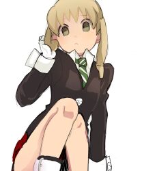 Rule 34 | 1girl, blonde hair, closed mouth, gloves, green eyes, green necktie, highres, hira, legs, long hair, long sleeves, looking at viewer, maka albarn, necktie, pleated skirt, red skirt, simple background, skirt, solo, soul eater, striped necktie, twintails, white background, white gloves