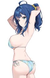 1girl alternate_hairstyle armpits arms_behind_head ass bikini blue_bikini blue_eyes blue_hair breasts highres large_breasts legs looking_at_viewer looking_back make_heroine_ga_oo_sugiru! medium_hair parted_lips ponytail seductive_gaze side-tie_bikini_bottom sideboob solo swimsuit thick_thighs thighs yanami_anna yuxian_youka