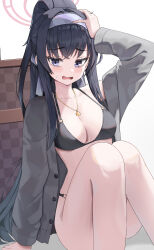 Rule 34 | 1girl, absurdres, ass, bags under eyes, bikini, black bikini, black hair, blue archive, blush, breasts, buttons, cleavage, collarbone, feet out of frame, grey jacket, halo, highres, hwanhee, jacket, jewelry, long hair, long sleeves, medium breasts, navel, official alternate costume, official alternate hairstyle, open clothes, open jacket, open mouth, pendant, pink halo, ponytail, purple eyes, sitting, solo, swimsuit, ui (blue archive), ui (swimsuit) (blue archive)
