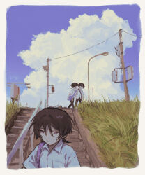 3boys alternate_costume alternate_universe bag black_hair black_pants blue_sky border breast_pocket clone closed_mouth cloud collared_shirt contemporary day dot_mouth dot_nose dual_persona fanged_bangs genshin_impact grass half-closed_eyes highres male_focus multiple_boys outdoors overhead_line pants pocket power_lines purple_bag scaramouche_(genshin_impact) scaramouche_(kabukimono)_(genshin_impact) school_uniform sepia shirt short_hair short_sleeves shoulder_bag sky solo_focus stairs traffic_light unkempt wanderer_(genshin_impact) white_border white_shirt wide_shot wing_collar wolf_cut yobunkiii