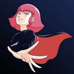 Rule 34 | 1girl, aobito sukoyaka bystander, artist logo, black jacket, blending, blue background, cape, expressionless, from side, gradient background, gundam, haman karn, highres, jacket, looking to the side, pink hair, purple eyes, reaching, reaching towards viewer, red cape, short hair, sidelocks, solo, two-sided cape, two-sided fabric, upper body, zeta gundam