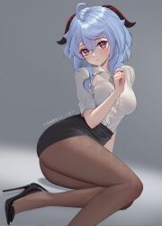 Rule 34 | 1girl, ahoge, baobei (baobei bu), black footwear, black pantyhose, black skirt, blue hair, breasts, collared shirt, foot out of frame, ganyu (genshin impact), genshin impact, grey background, hand up, high heels, highres, horns, legs, long hair, looking at viewer, medium breasts, office lady, open mouth, pantyhose, parted lips, patent heels, pencil skirt, pumps, purple eyes, shirt, shirt tucked in, shoes, short sleeves, sitting, skirt, solo, stiletto heels, white shirt