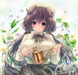 Rule 34 | 1girl, animal ears, bad id, bad pixiv id, beret, black bow, black bowtie, black skirt, blush, bow, bowtie, breasts, brown hair, commentary request, dog ears, floating hair, flower, hair between eyes, hat, holding, holding watering can, large breasts, long hair, long skirt, long sleeves, looking at viewer, original, purple eyes, shirt, signature, skirt, smile, solo, unohana pochiko, very long hair, water drop, watering can, white shirt
