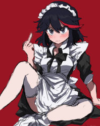 Rule 34 | 1girl, absurdres, alternate costume, angry, apron, black dress, black hair, black ribbon, blue eyes, blush, censored, collared dress, commentary request, dated, dress, furrowed brow, highres, japanese commentary, kill la kill, looking at viewer, maid, maid apron, maid headdress, matoi ryuuko, middle finger, mosaic censoring, multicolored hair, neck ribbon, pointless censoring, red hair, ribbon, shoes, sidelocks, sitting, sleeves rolled up, sneakers, solo, streaked hair, sweat, takatisakana, thighhighs, white footwear, white thighhighs