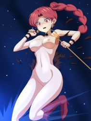 Rule 34 | 1girl, absurdres, breasts, clam curry, cleft of venus, highres, medium breasts, nude, red eyes, red hair, staff (weapon), torn clothes