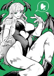 Rule 34 | 1girl, :p, absurdres, animal print, bat print, blunt bangs, boots, breasts, bridal gauntlets, cleavage, demon girl, demon wings, gloves, green background, green eyes, greyscale, greyscale with colored background, head wings, heart, highres, large breasts, long hair, looking at viewer, monochrome, morrigan aensland, pantyhose, print pantyhose, simple background, solo, spoken heart, tongue, tongue out, vampire (game), wings, yotsumi shiro