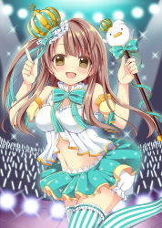 Rule 34 | 10s, 1girl, :d, brown eyes, brown hair, concert, crown, detached sleeves, frilled skirt, frills, holding, idol, index finger raised, long hair, looking at viewer, love live!, love live! school idol festival, love live! school idol project, minami kotori, mini crown, navel, open mouth, riria (happy strawberry), skirt, smile, solo, standing, standing on one leg, striped clothes, striped thighhighs, thighhighs, wand, zettai ryouiki