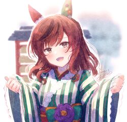 Rule 34 | 1girl, :d, animal ears, blush, bow, brown eyes, brown hair, commentary request, ear covers, flower, green bow, hands up, horse ears, ittokyu, japanese clothes, kimono, long hair, long sleeves, looking at viewer, multicolored hair, nice nature (converging wishes) (umamusume), nice nature (umamusume), obi, open mouth, pinching sleeves, purple flower, sash, signature, sleeves past wrists, smile, solo, streaked hair, striped clothes, striped kimono, umamusume, upper body, vertical-striped clothes, vertical-striped kimono, wide sleeves