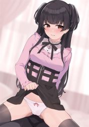 Rule 34 | 1girl, black hair, black ribbon, black skirt, black thighhighs, blush, breasts, cameltoe, clothes lift, cowboy shot, gin00, gluteal fold, idolmaster, idolmaster shiny colors, indoors, long hair, long sleeves, looking at viewer, mayuzumi fuyuko, medium breasts, panties, parted lips, pink shirt, red eyes, red ribbon, ribbon, ribbon panties, shirt, skirt, skirt lift, solo, spread legs, thighhighs, thighs, two side up, underwear, white panties